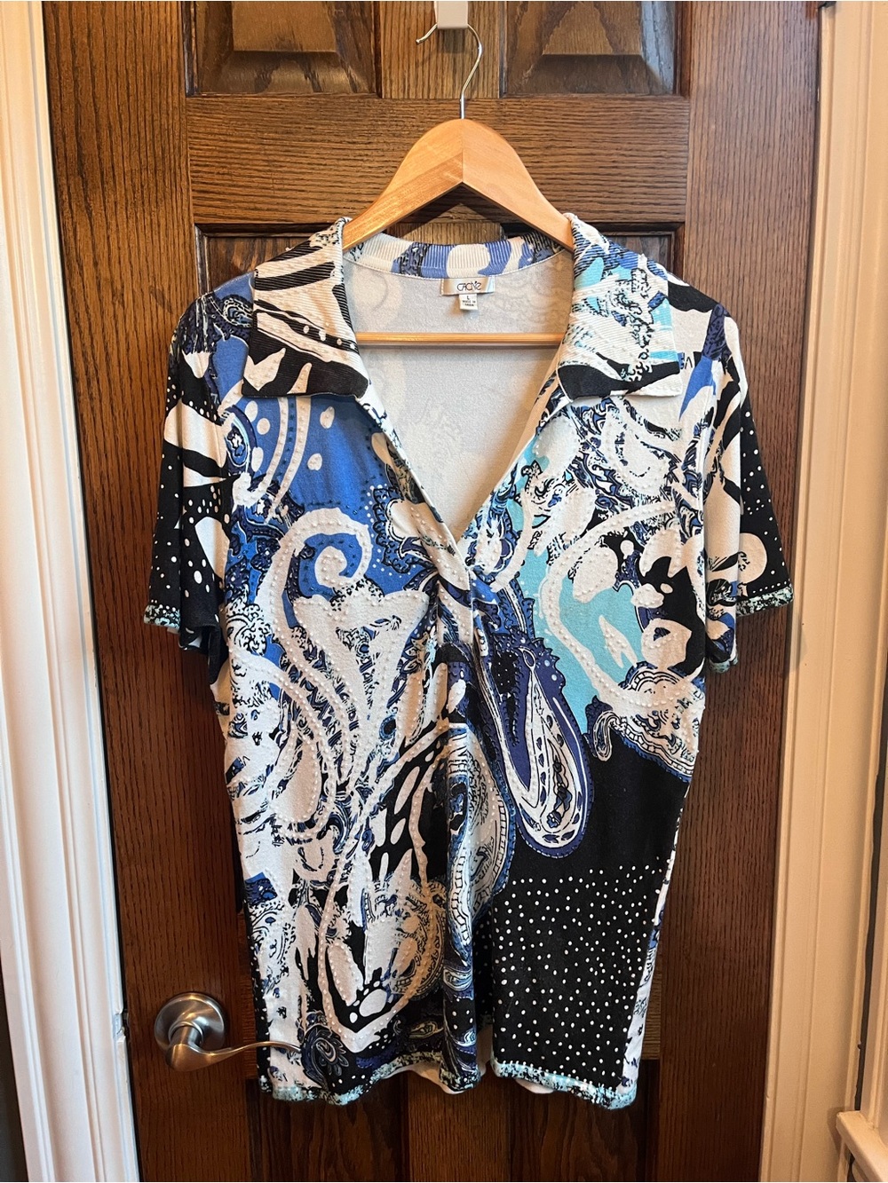 Vintage Cache Blue Paisley Knit V-Neck Top